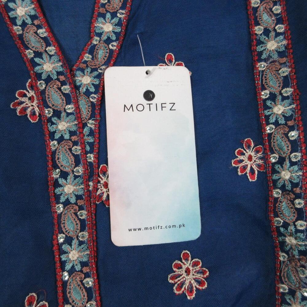 MOTIFZ 3 Piece Set Womens L Blue Embroidered Sequin V-Neck Kurta Pants Dupatta - Picture 13 of 16